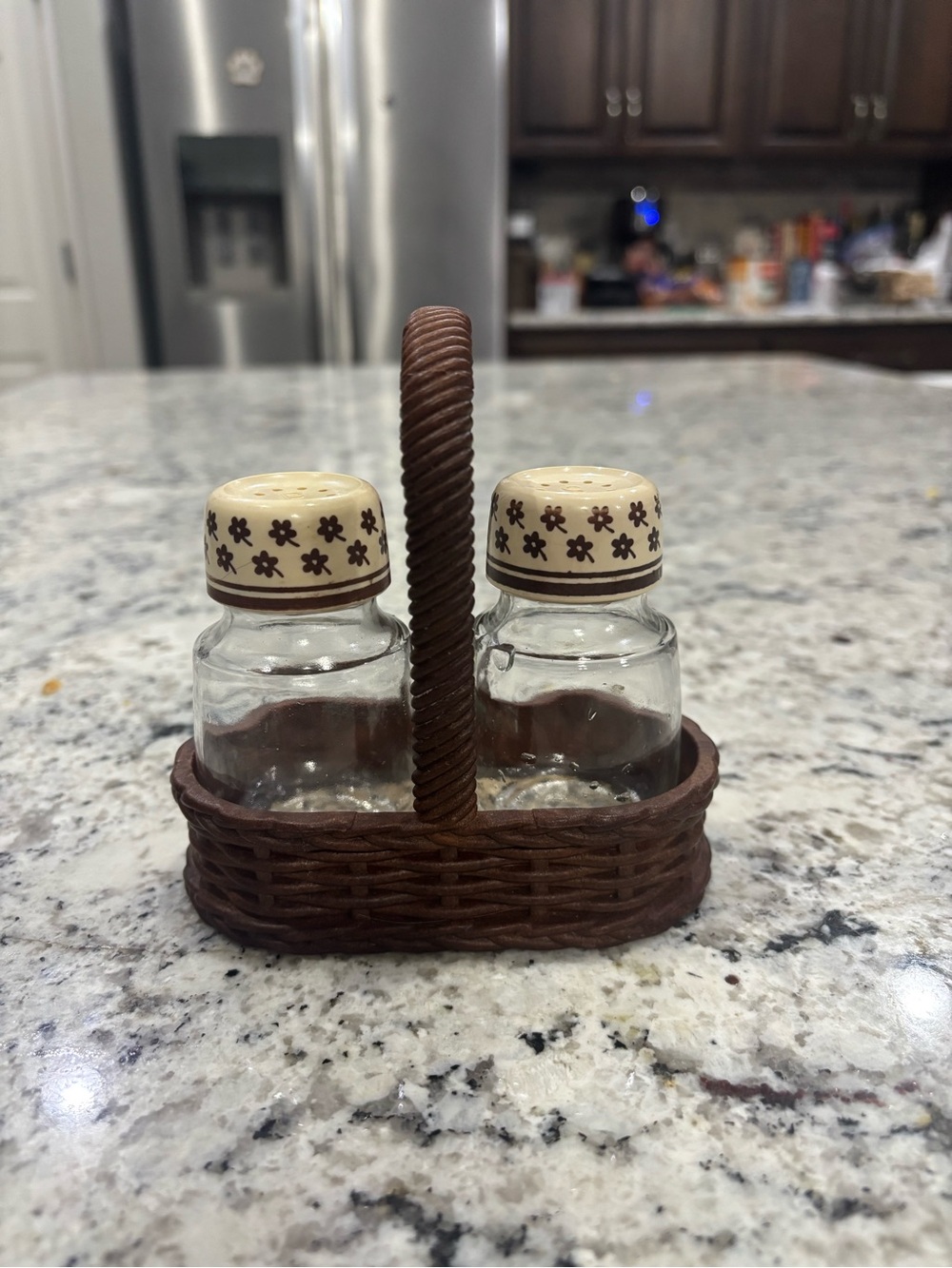 Vintage 1970s Emsa Bologna West Germany Salt & Pepper Shaker & Basket Caddy Set